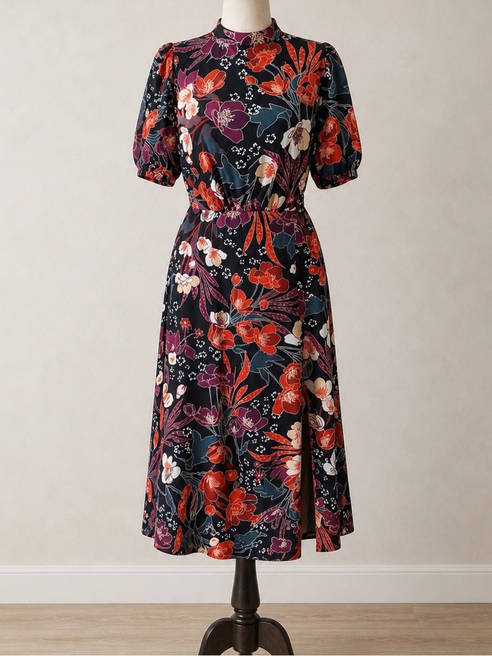 JULIA JORDAN Dark Floral Midi Dress 10 Black Puff Sleeve Office Party Wedding